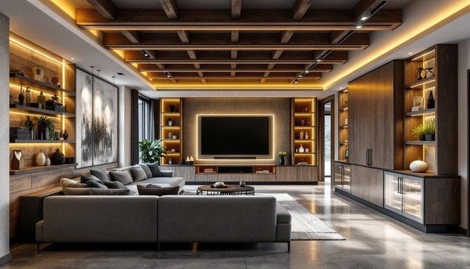 Finished basement renovation with modern lighting